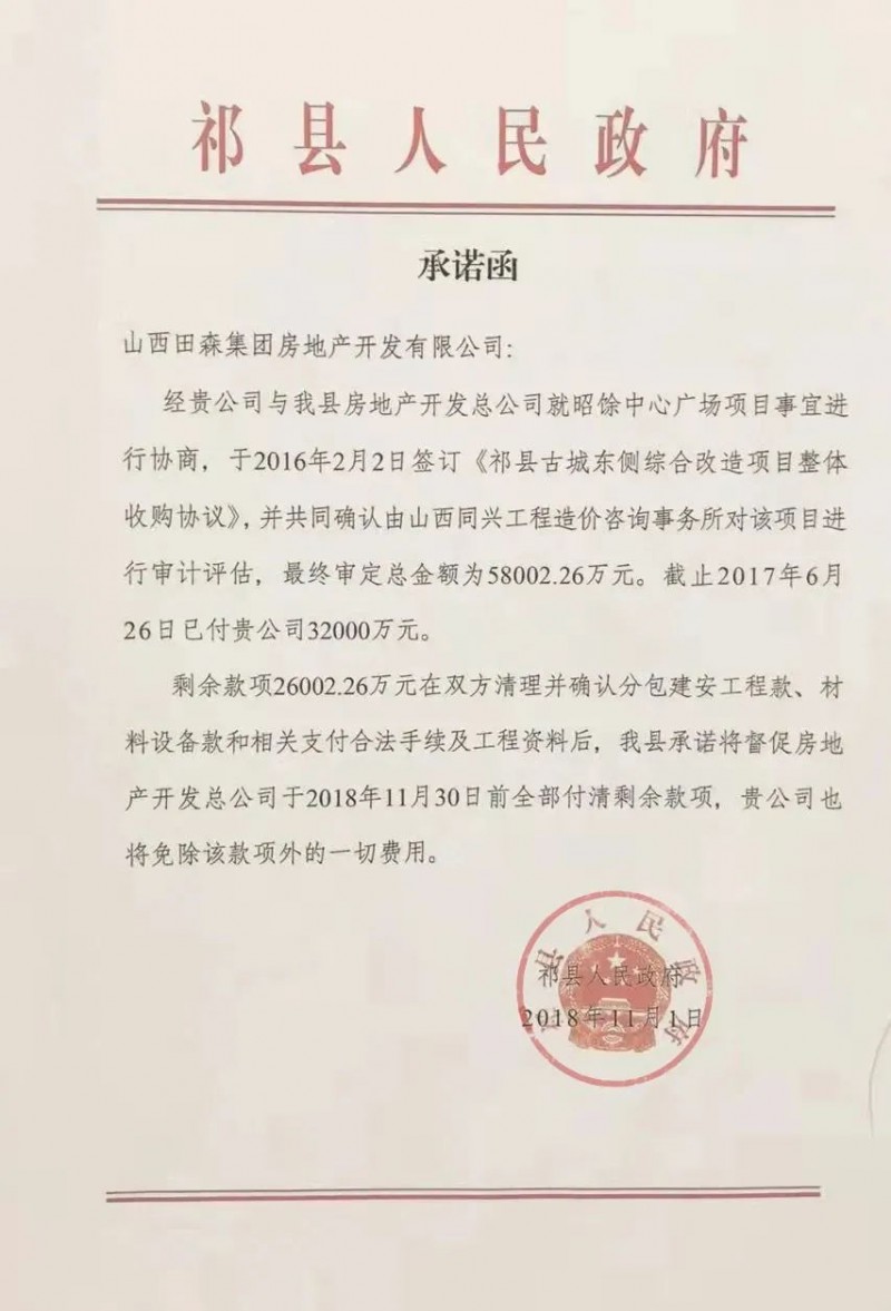 祁县政府承诺书