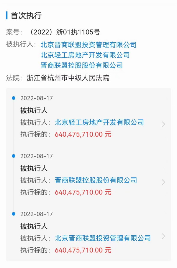 北京晋商联盟被列为被执行人 涉案金额6.4亿