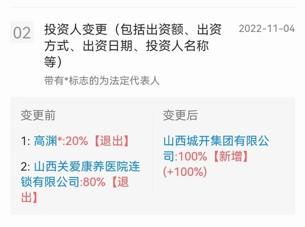 山西关爱康养集团控股股东变更为山西城开集团