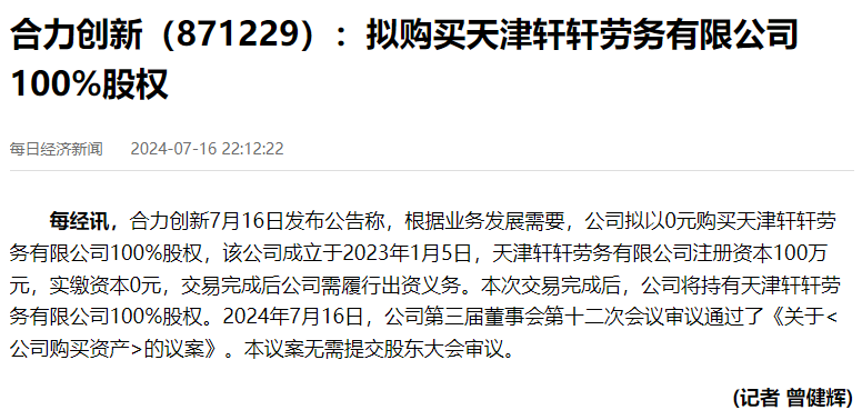 合力创新(871229):拟购买天津轩轩劳务有限公司100%股权