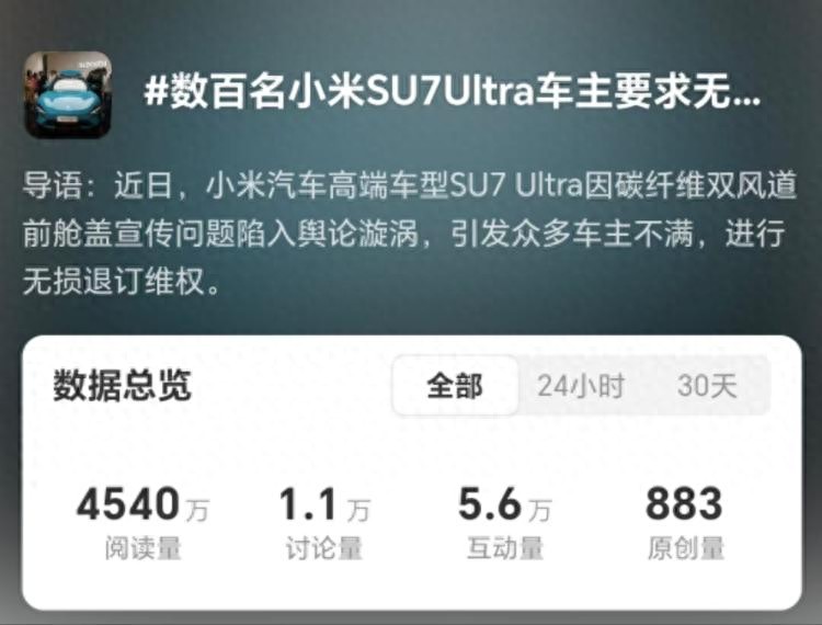 小米SU7 Ultra 涉嫌虚假宣传舆情 尚未平息