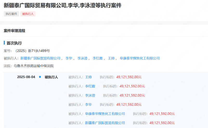 阜康泰华煤焦化工有限公司及相关负责人被执行4900余万元