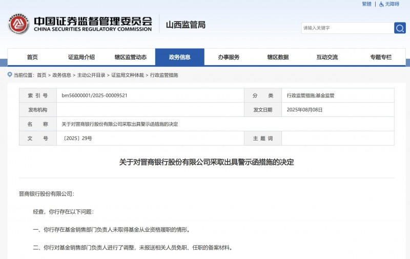 【晋商银行2项违规被监管出具警示函】8月8日，晋商银行因为基金销售部门负责人未取得基金销售从业资格等2项违规，被山西证监局出具了警示函。