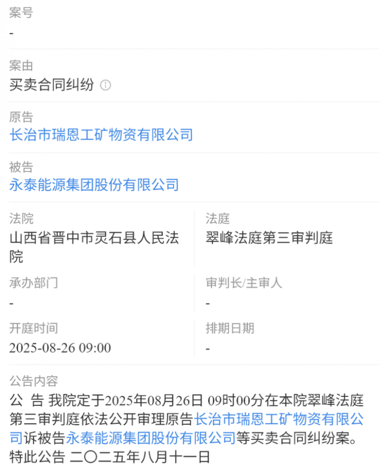 永泰能源集团因买卖合同纠纷被告
