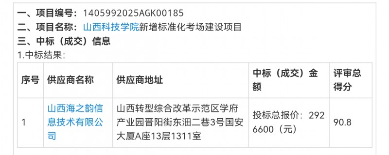【山西海之韵信息技术中标山西科技学院项目】