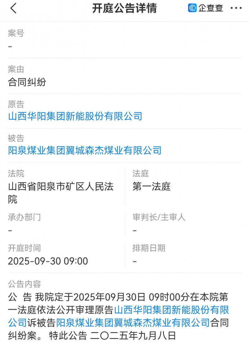 华阳新材料科技集团子孙公司展开两场诉讼