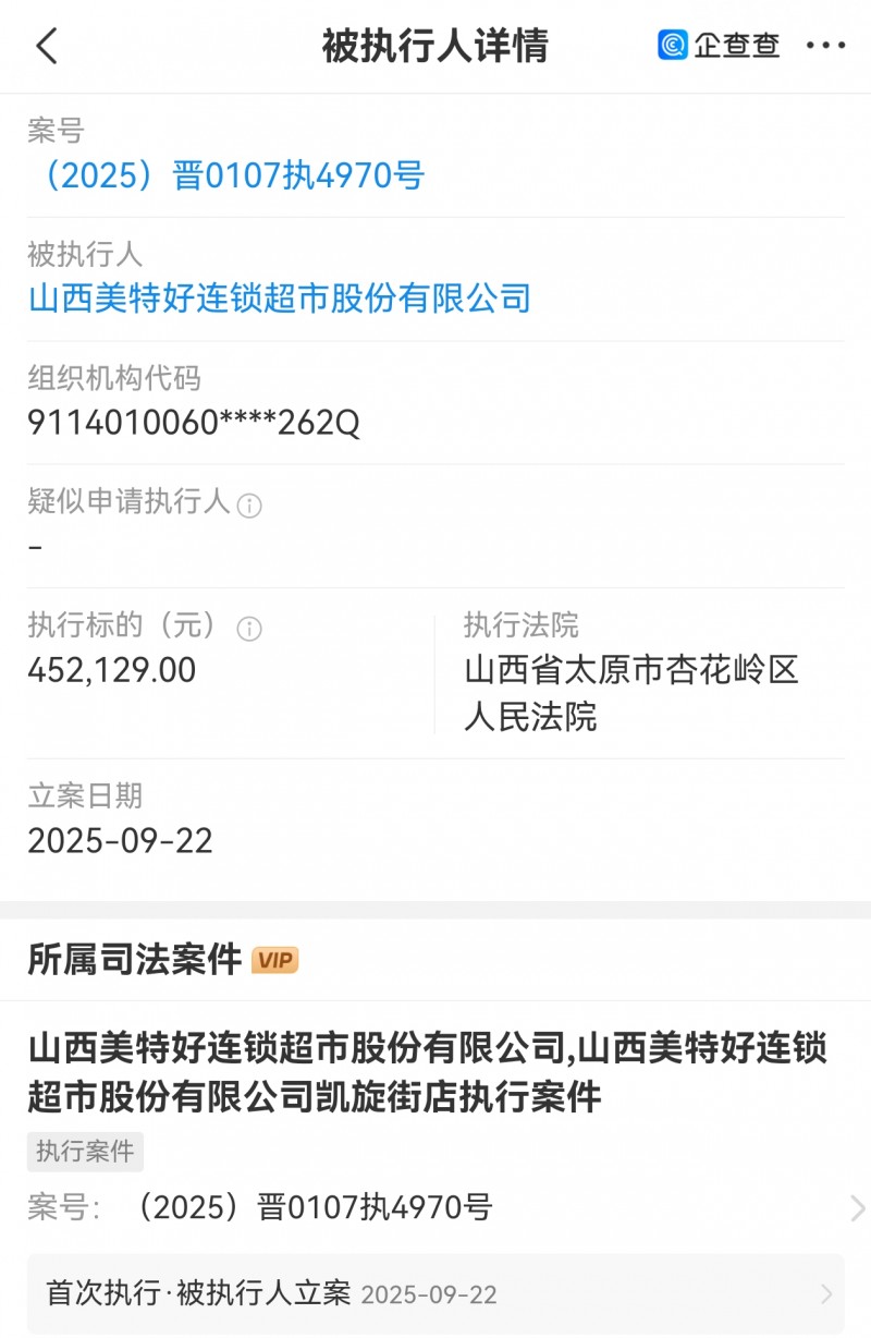 山西美特好连锁超市新增被执行45万多