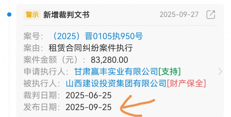 山西建投新增被执行裁判文书 执行标的8.3万多