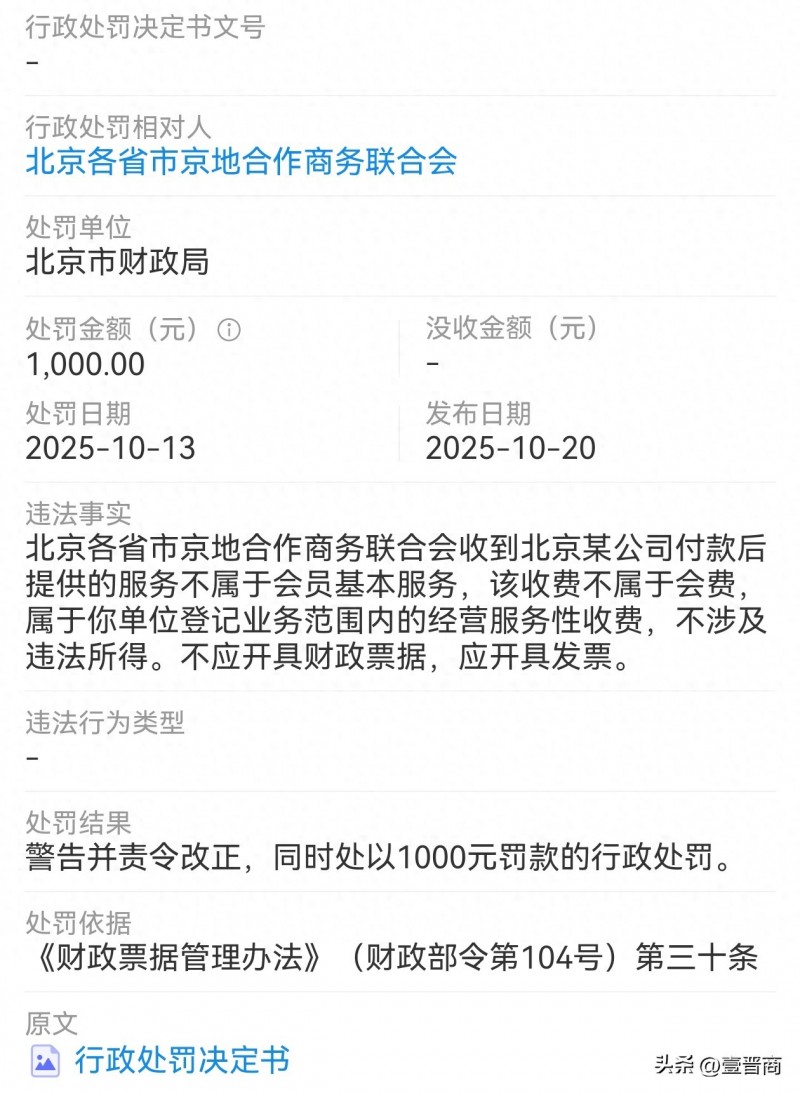 北京各省市京地合作商务联合会被处罚
