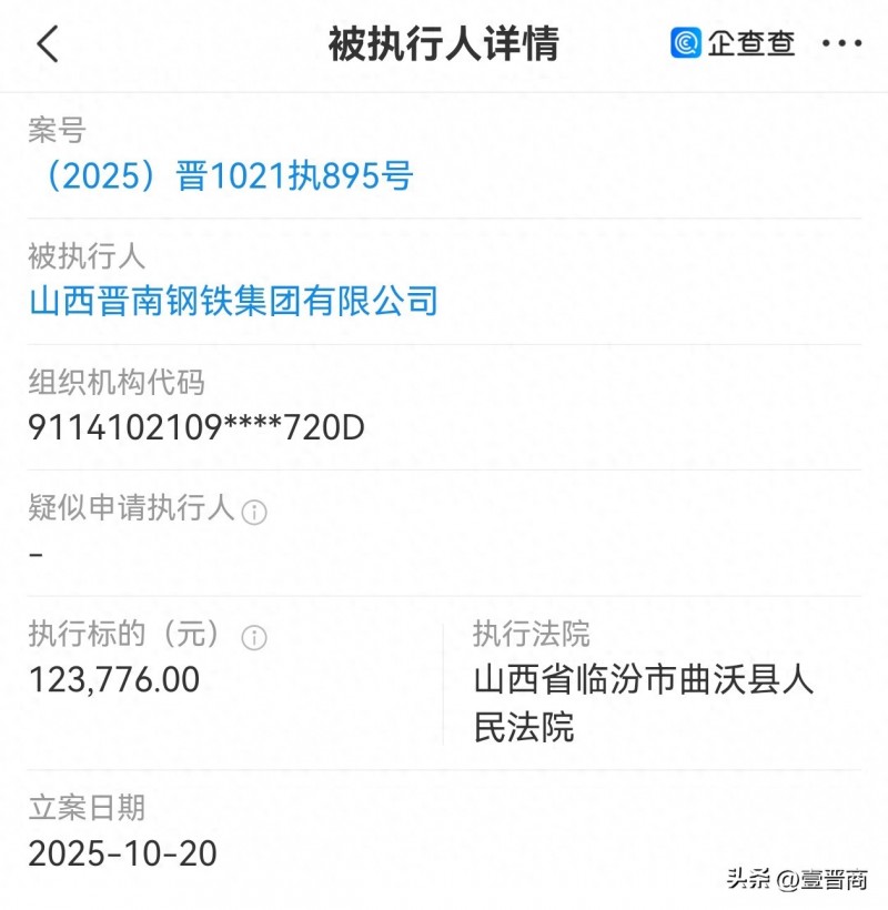 山西晋南钢铁集团被执行12.3万多