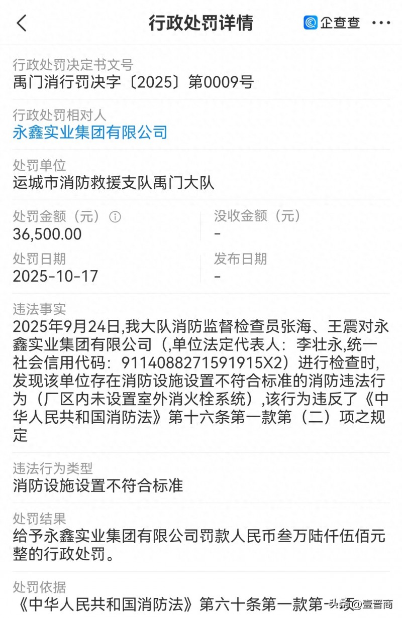 运城市永鑫实业集团被处罚3.65万