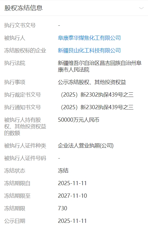 新疆艮山化工科技有限公司依法被冻结股权、其他投资收益