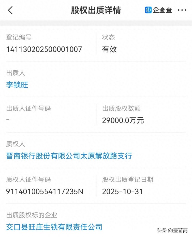 山西交口县旺庄生铁大股东李锁旺出质股权2.9亿