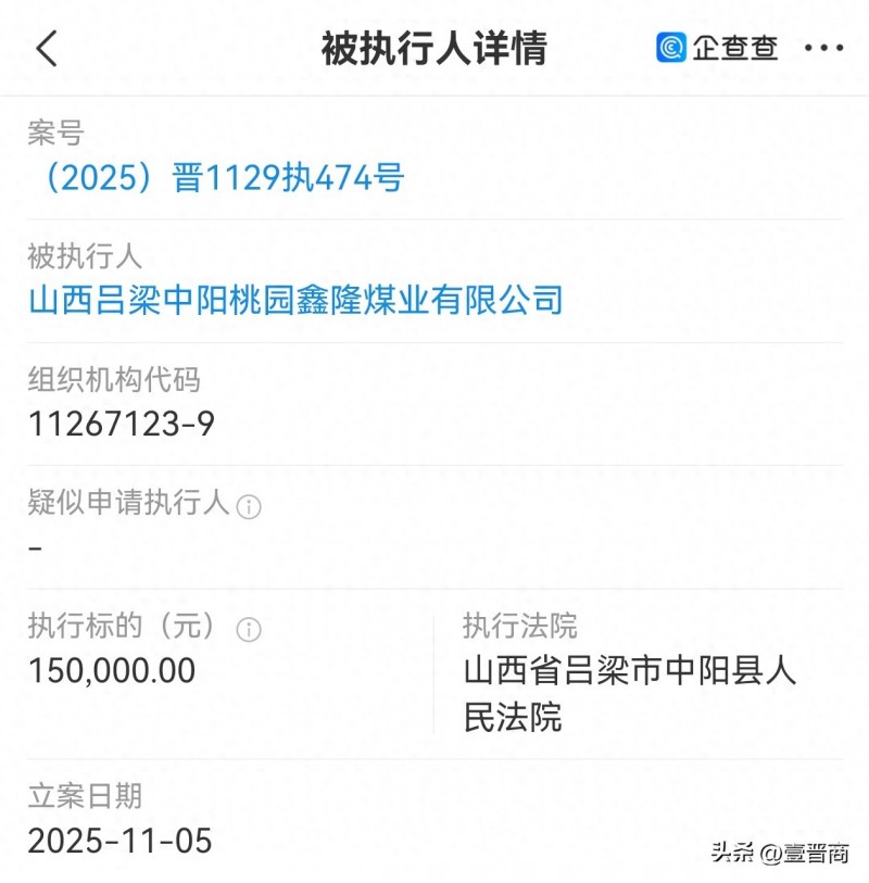 中阳桃园鑫隆煤业被执行15万