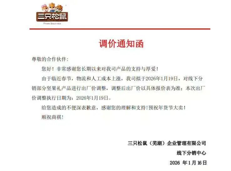 三只松鼠：今天起上调线下分销渠道部分坚果礼产品出厂价