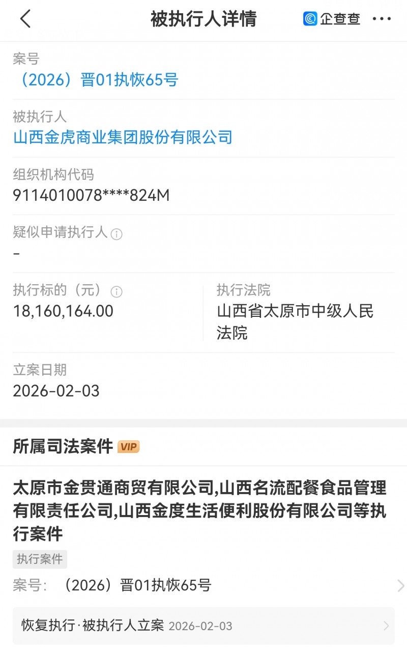 山西金虎商业集团被执行1800多万