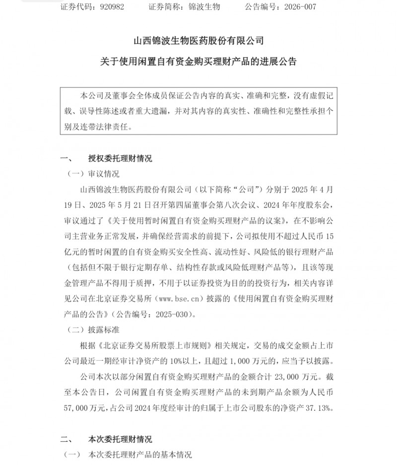 山西锦波生物公布最新理财产品购买情况