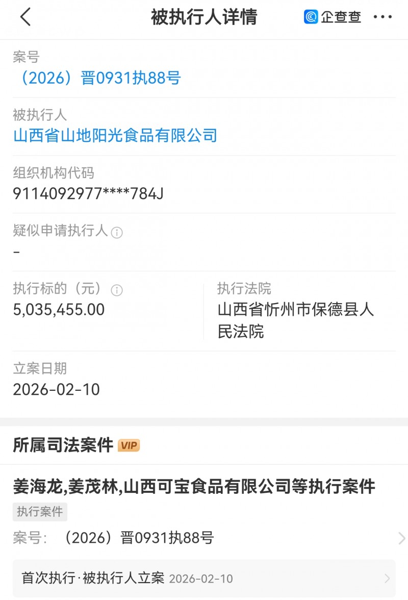 山西省山地阳光食品被执行500多万