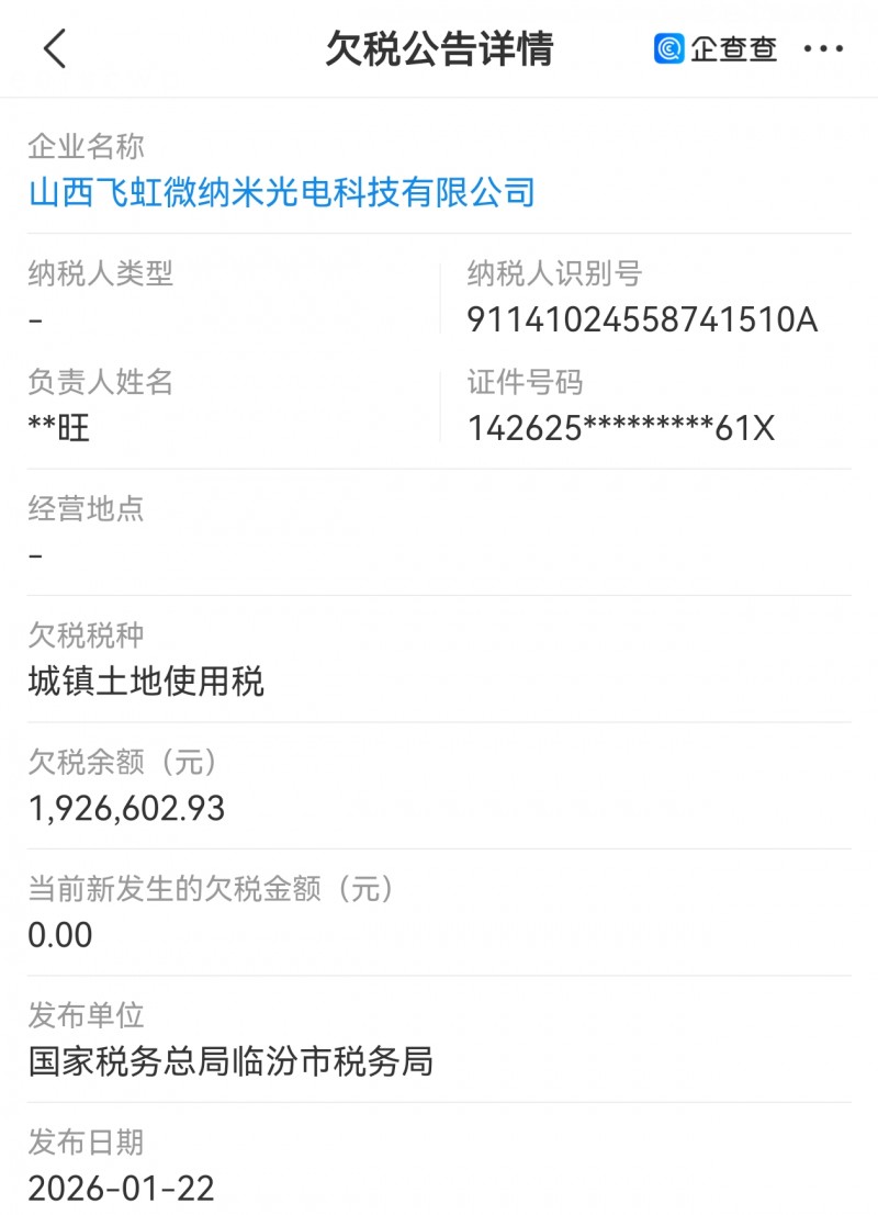 【山西飞虹微纳米光电欠税190多万】