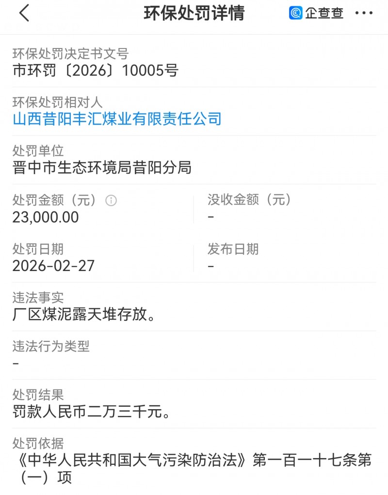 山西昔阳丰汇煤业露天堆放煤泥被罚2.3万