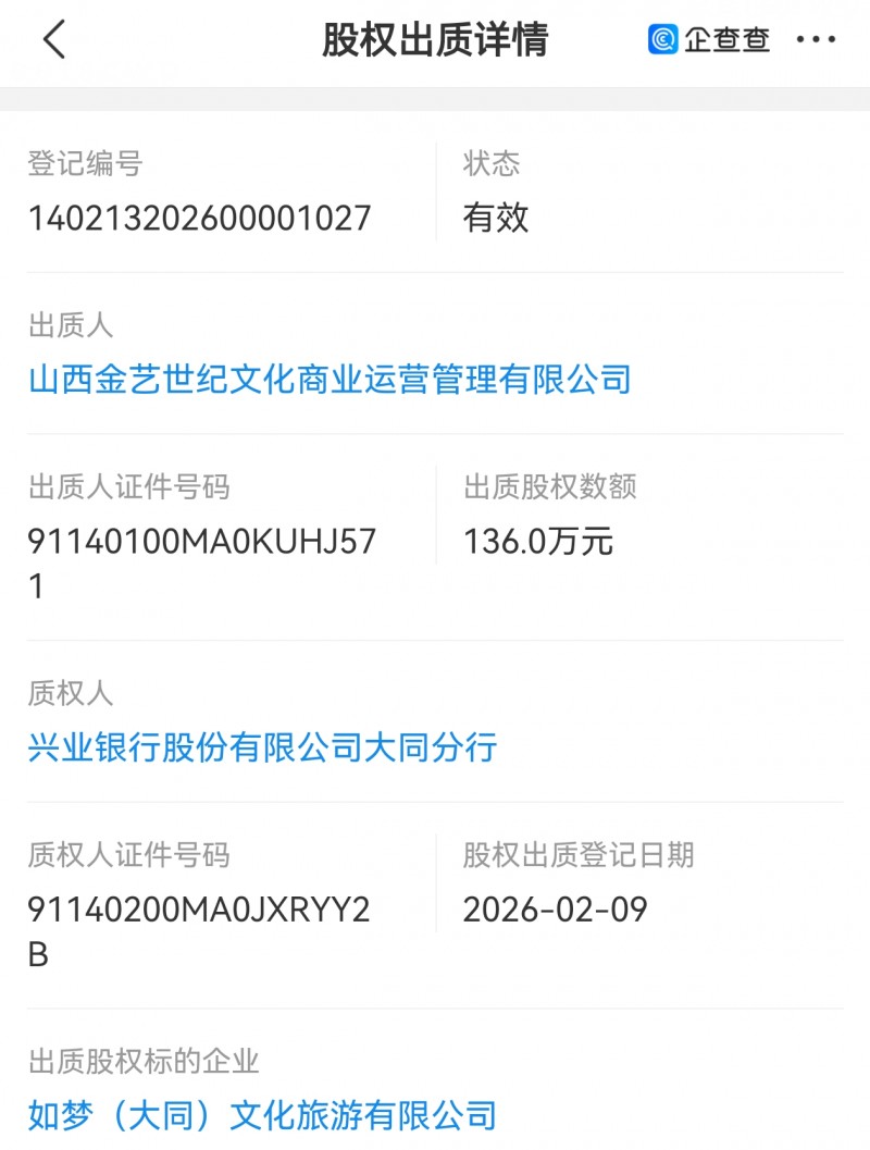 如梦（大同）文化旅游有限公司两大股东出质全部股权