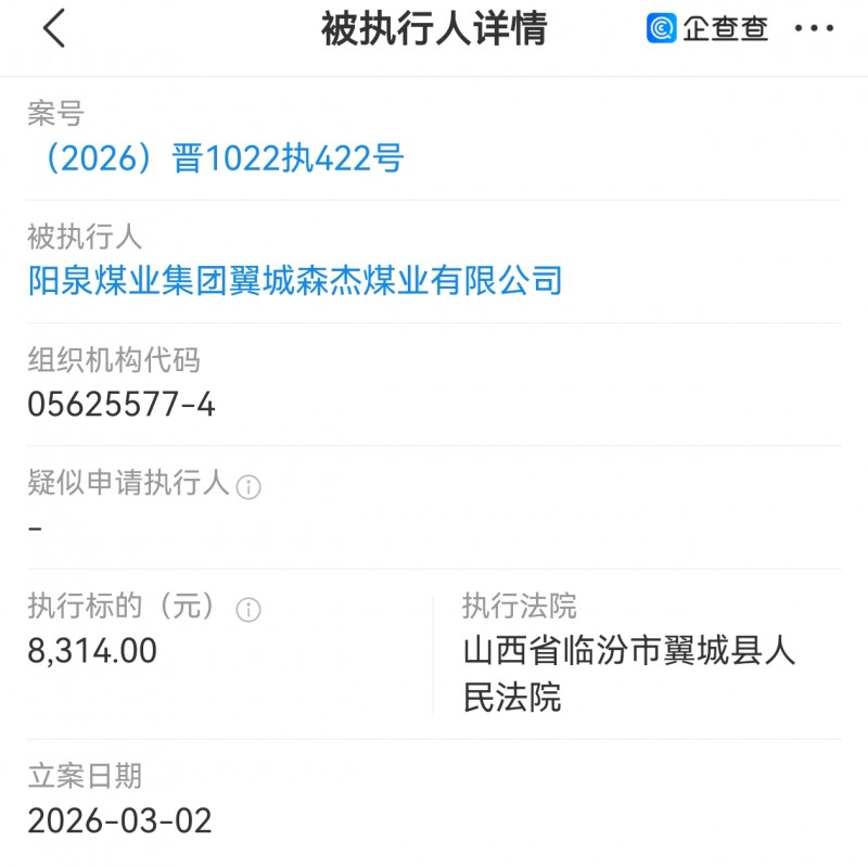 山西阳泉煤业集团翼城森杰煤业被执行8314元
