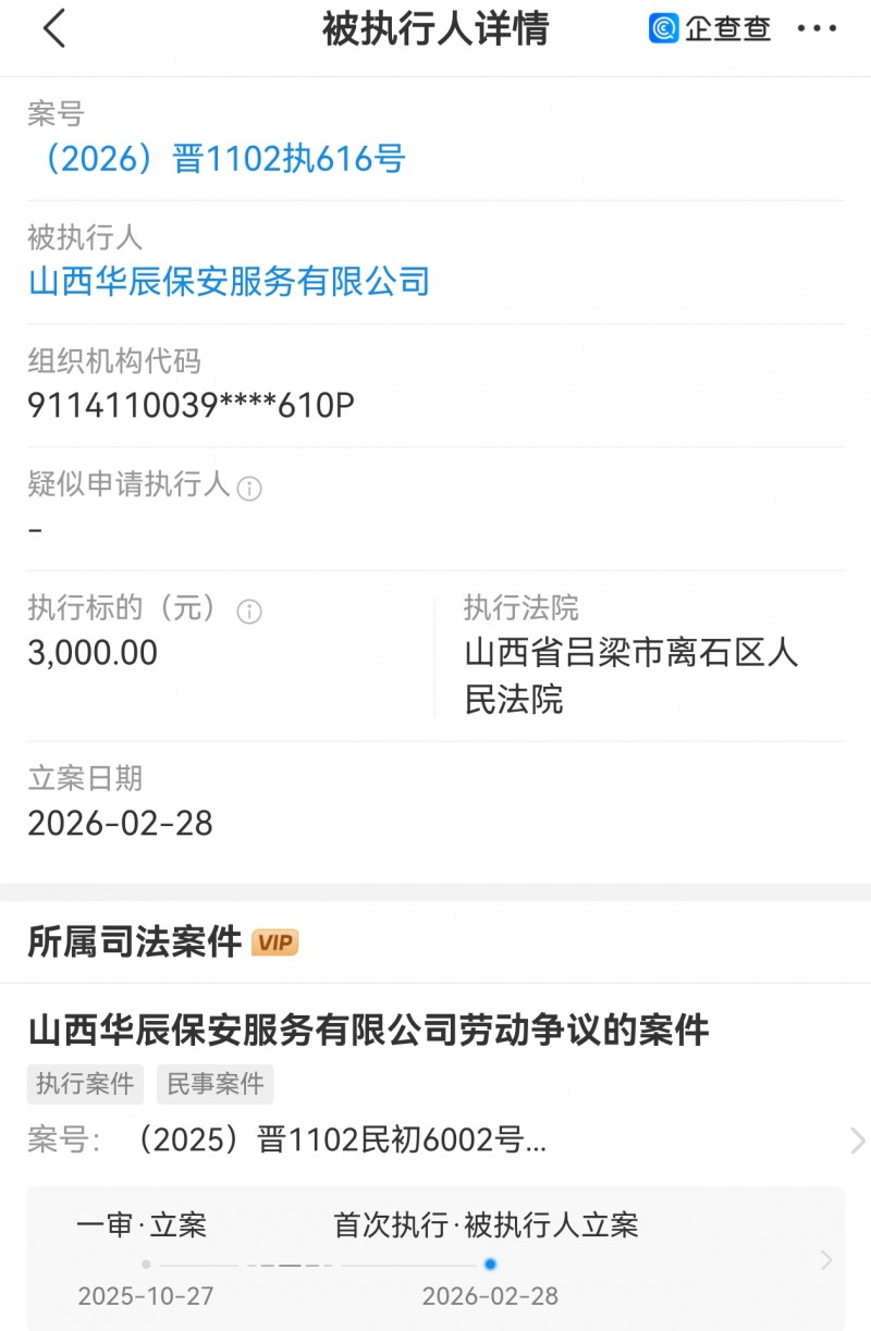 山西华辰保安公司被执行3000元