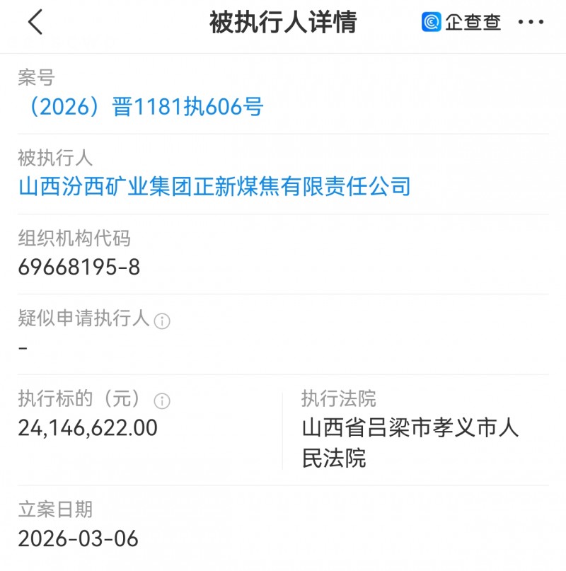 山西汾西矿业集团正新煤焦被执行2400多万