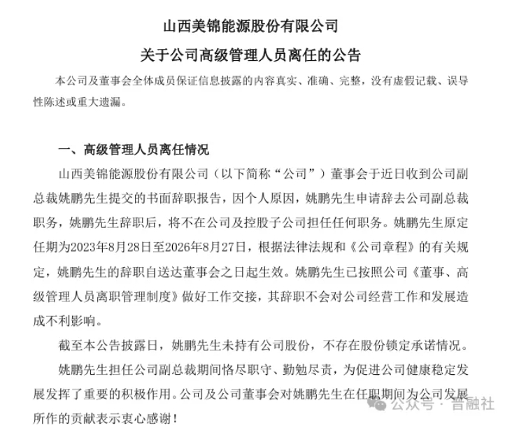 美锦能源发布公告 副总裁姚鹏提前离任