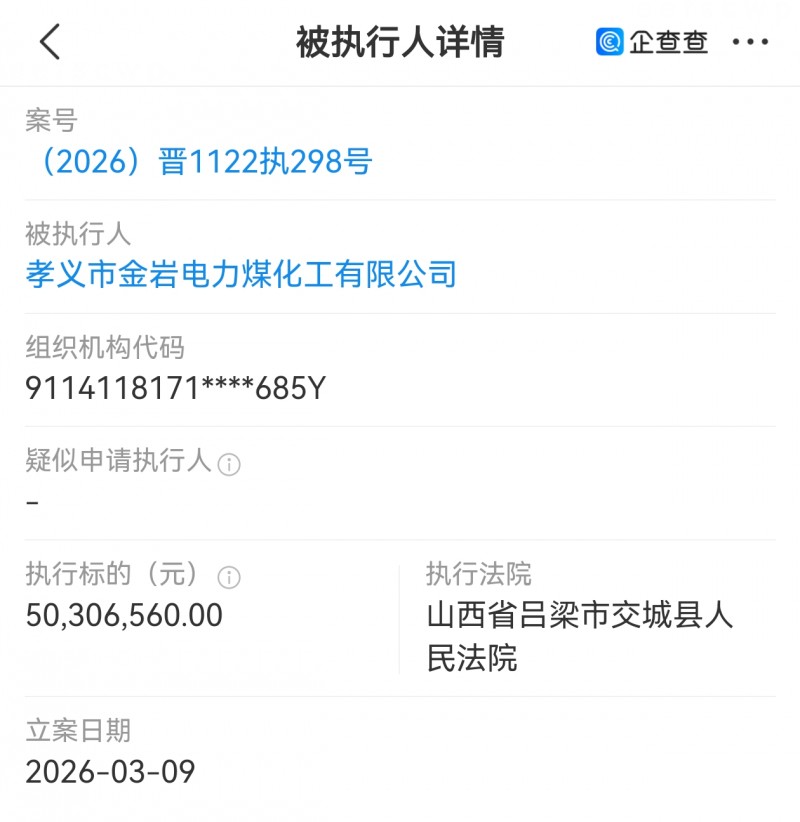 孝义金岩电力煤化工被交城县执行5000多万