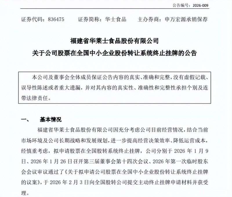 华莱士正式宣布退市