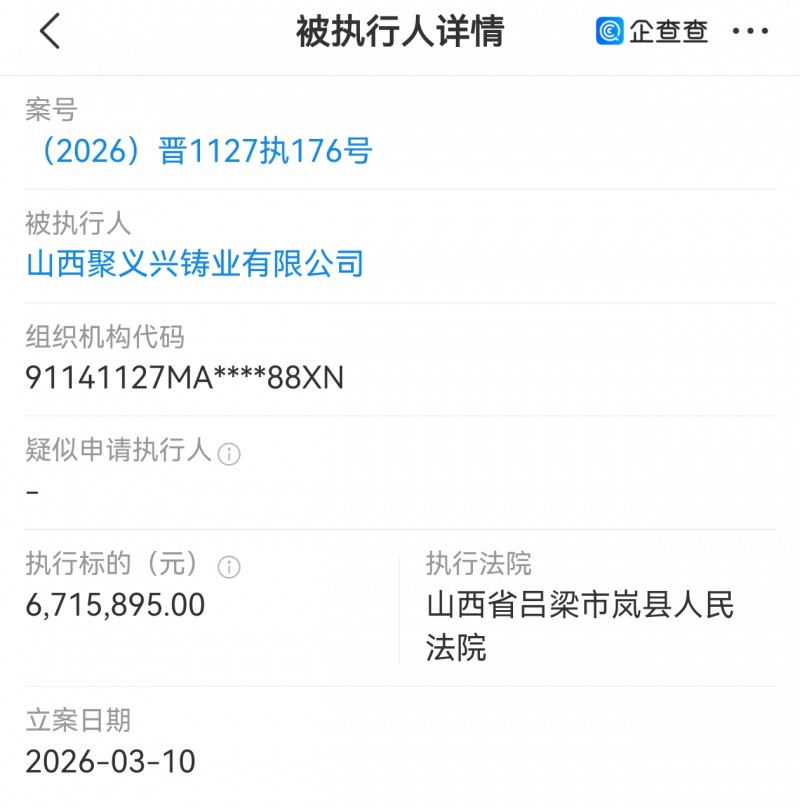 山西聚义兴铸业被岚县法院执行670多万