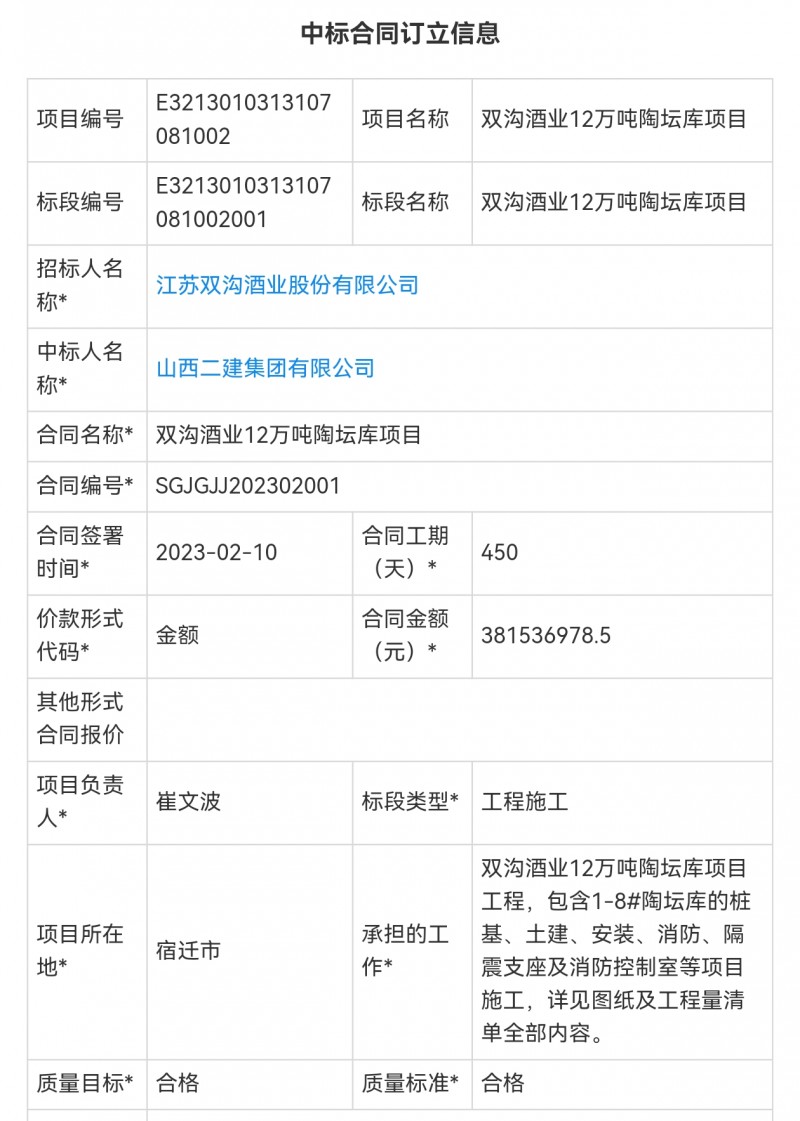 山西二建集团3.8亿中标江苏双沟酒业12万吨陶坛库施工