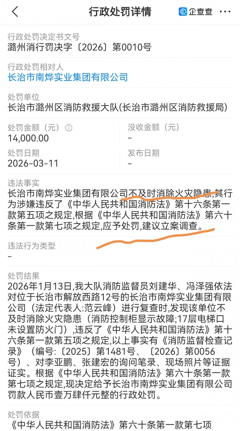长治南烨实业集团被罚1.4万并被建议立案调查