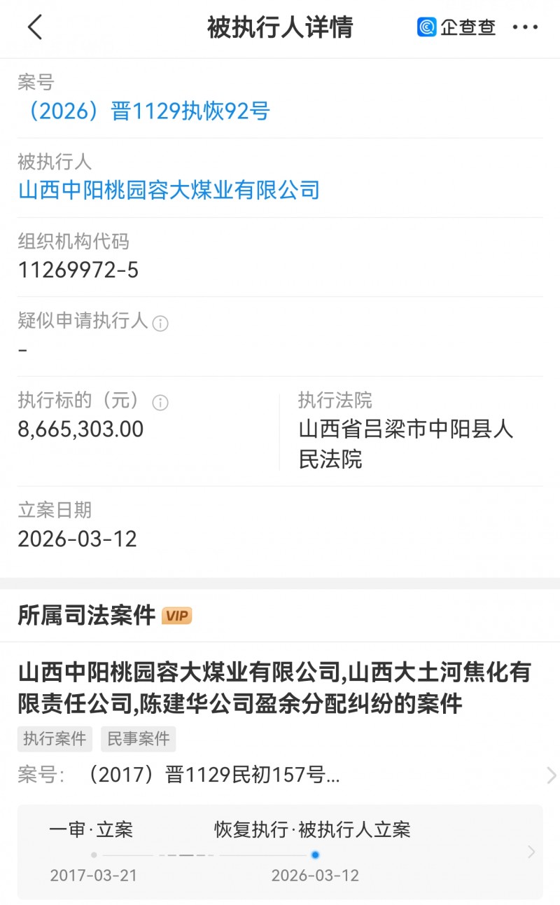山西中阳桃园容大煤业被执行866万多