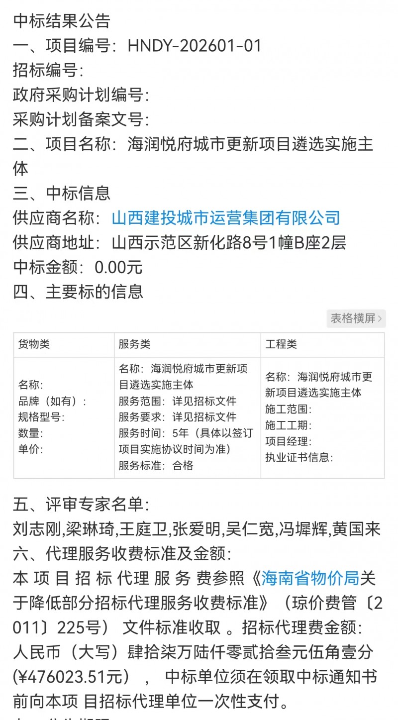 山西建投城市运营集团0元中标三亚海润悦府遴选施工