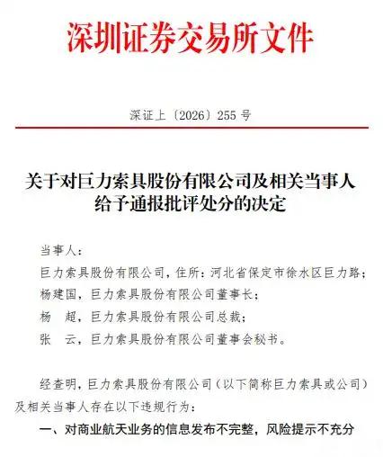 深交所出手 巨力索具及董事长等3名高管被通报批评