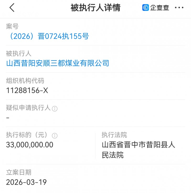 山西昔阳安顺三都煤业被执行330多万