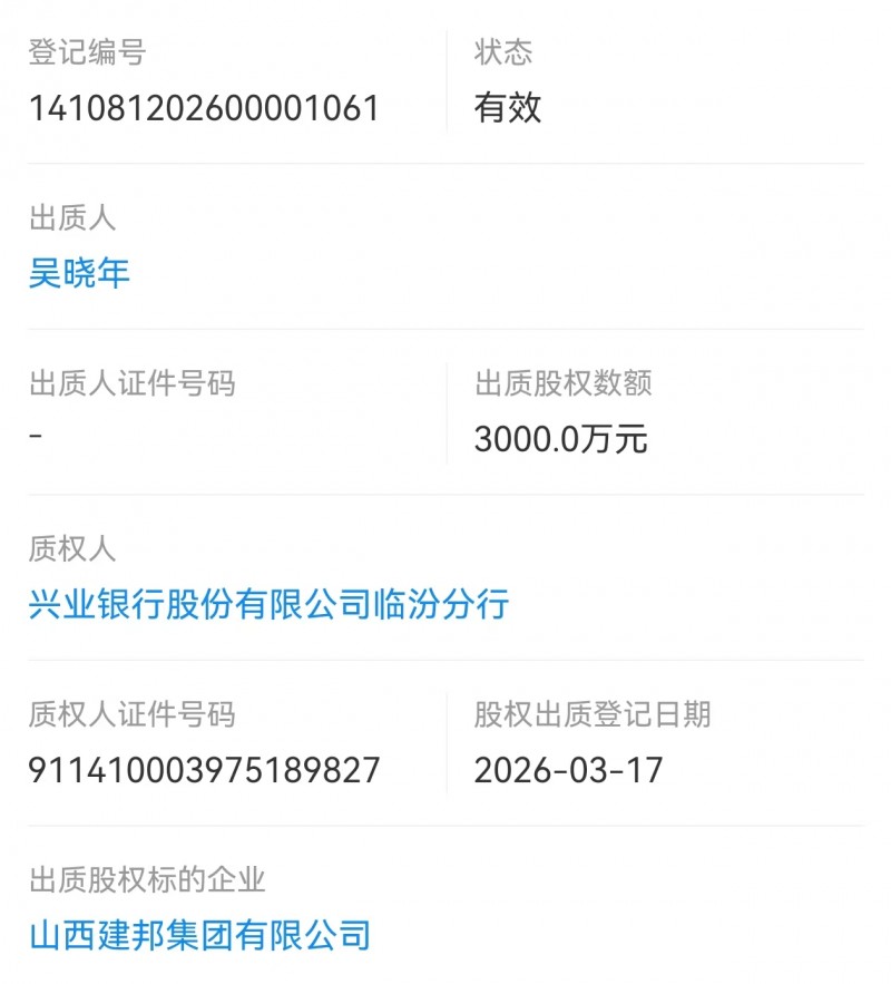 山西建邦董事长吴晓年出质股权3000万