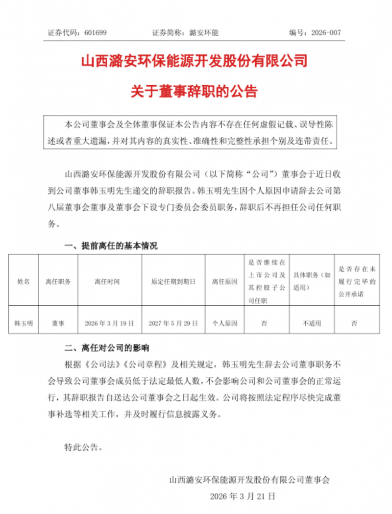 潞安环能董事韩玉明辞职