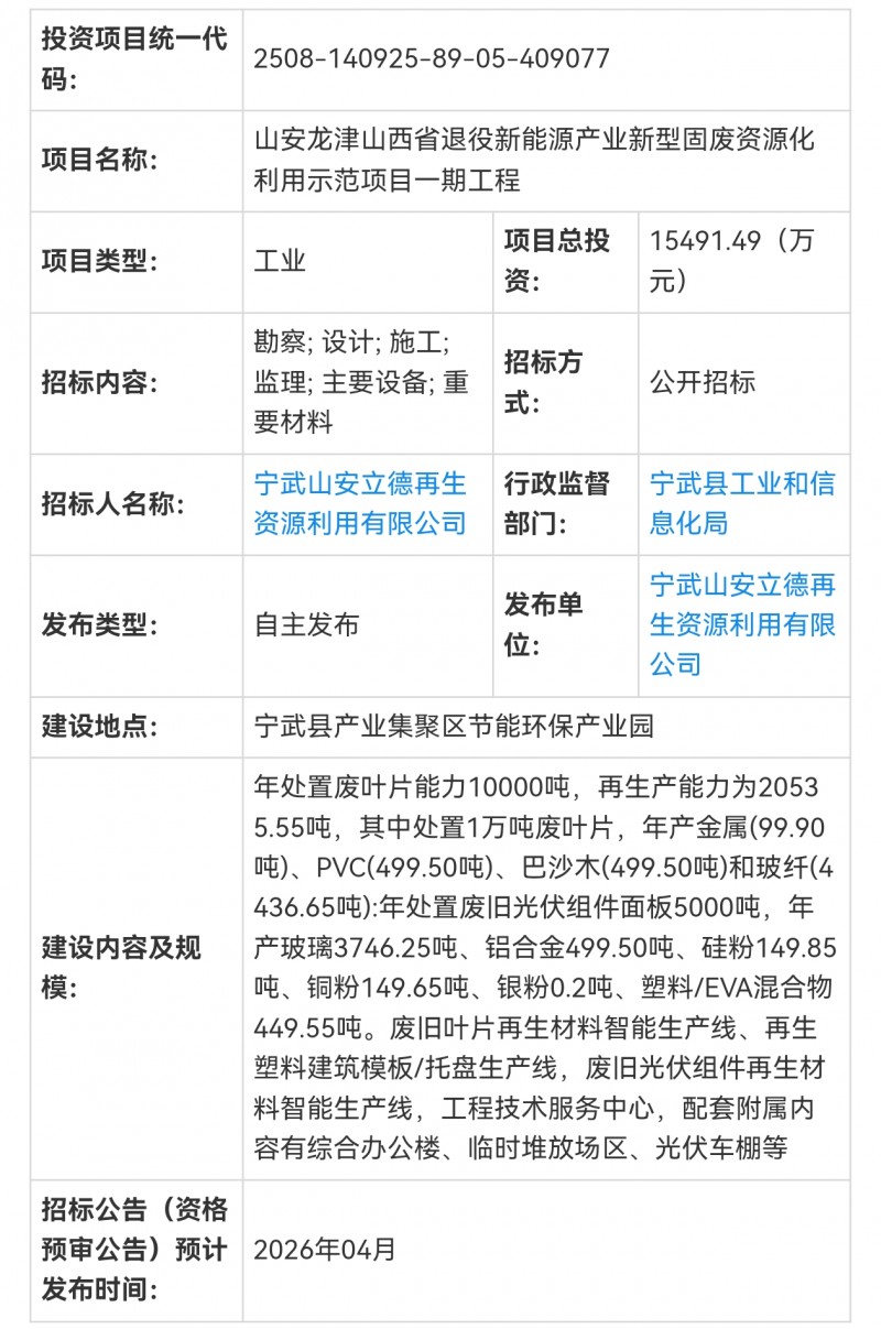 山西建投宁武新型固废资源资源化利用示范项目工程投资1.5亿将招标
