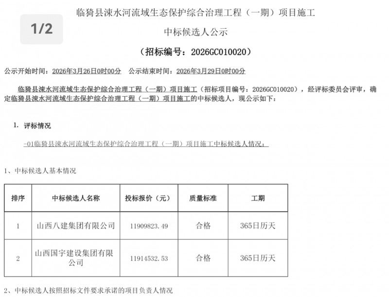 山西八建集团1190万中标临猗县涑水河项目