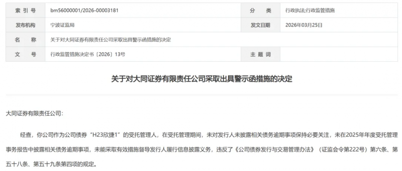 大同证券被宁波证监局出具了警示函