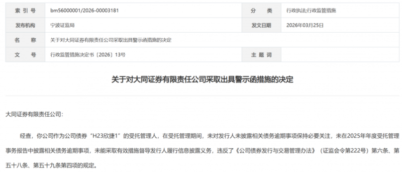 大同证券又收警示函，公司频现合规漏洞