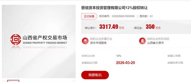 山西晋信资本12%股权3300多万挂牌转让 持有方为山西转型综改示范区