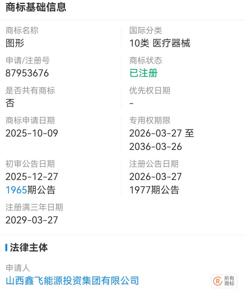 山西鑫飞能源成功注册医疗器械类商标