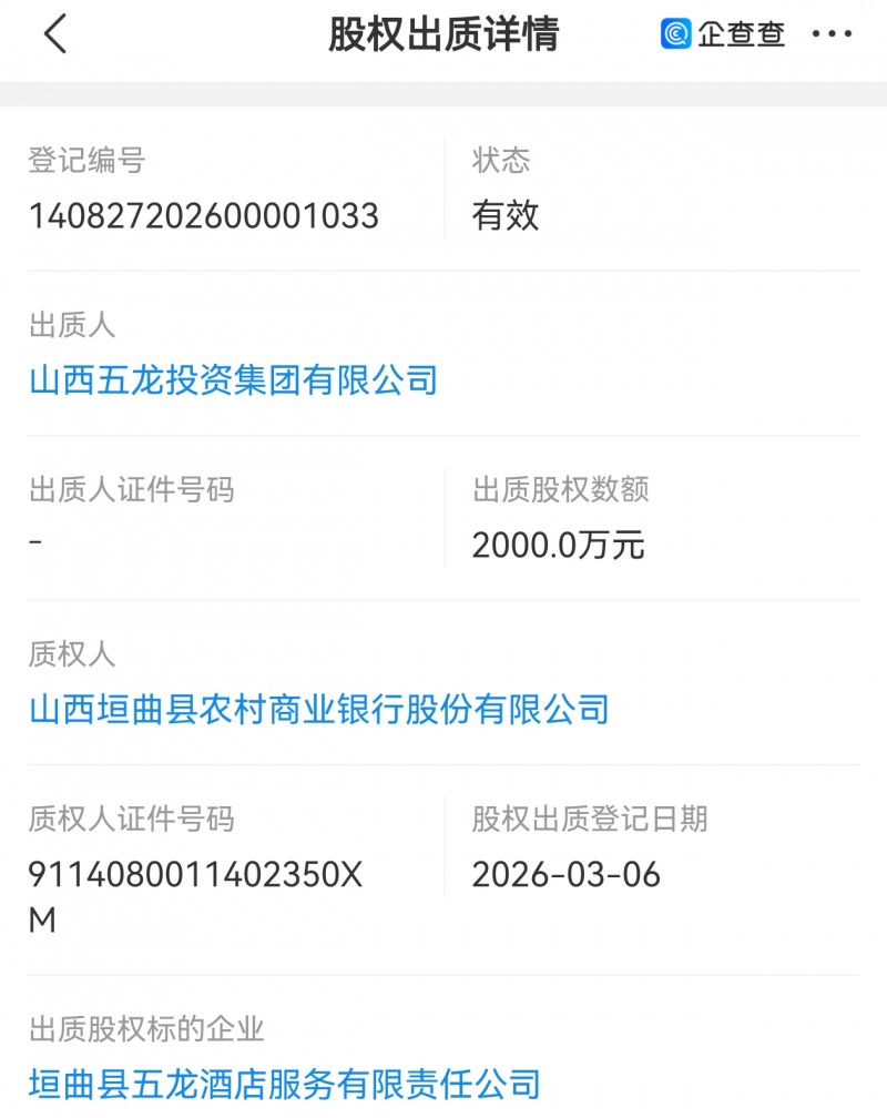 山西五龙投资集团出质股权2000万