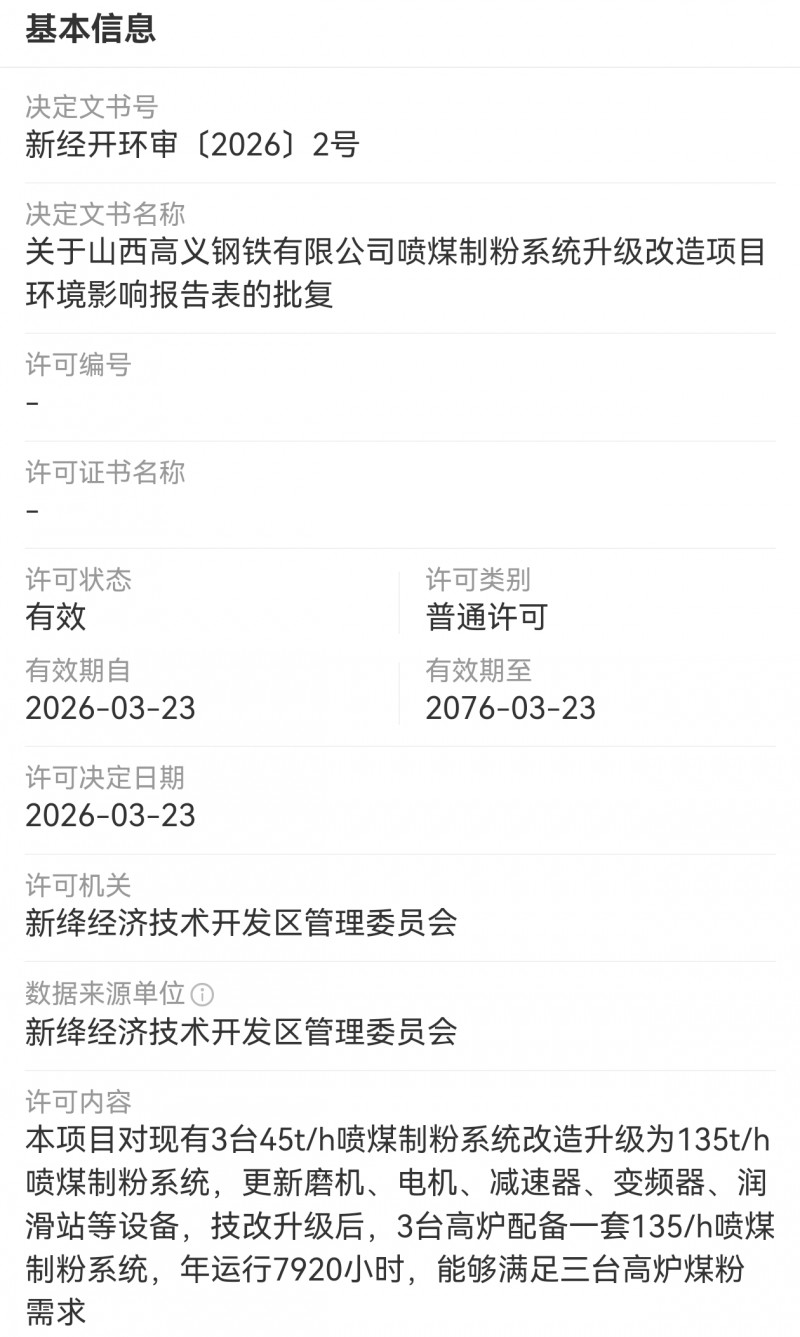 山西高义钢铁喷煤制粉系统升级环境影响报告获许可