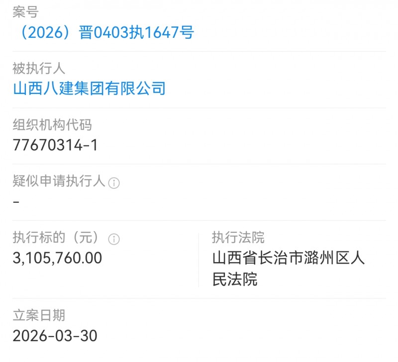 山西八建被潞州区法院执行310多万