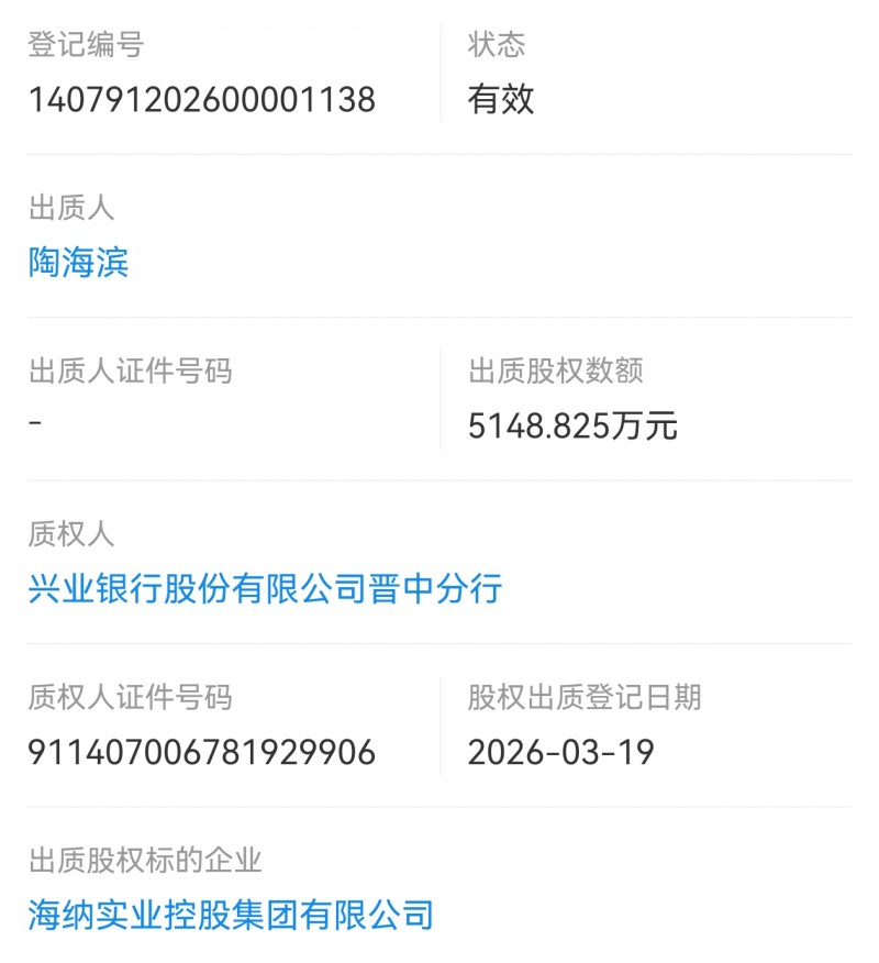 山西海纳实业控股陶海滨出质股权5000多万